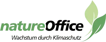 Logo von natureOffice - grün schwarz mit Blättern und dem Slogan "Wachstum durch Klimaschutz"