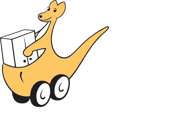 AMOE-Zertifikat Logo - Fröhliches Cartoon-Känguru auf Rädern, das einen weißen Würfel in seiner Tasche trägt.
