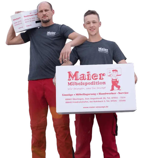 Two employees of Möbelspedition Maier are holding boxes labeled "maier möbelspedition". Their removal and logistics company, which offers services for furniture transportation, removals and other manual services. They promote their business with confidence and pride.