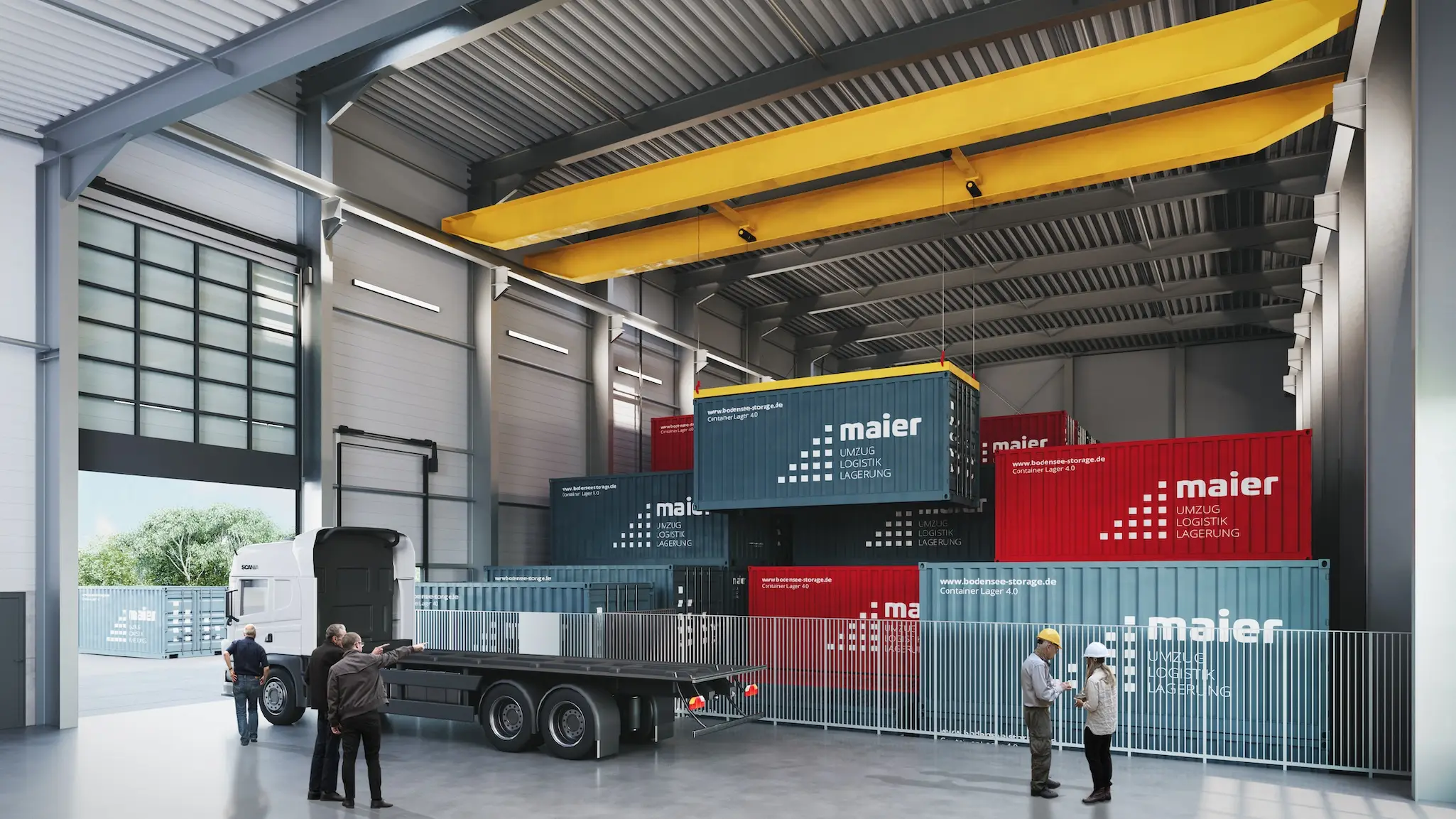 Interior of the fully automated container warehouse of Möbelspedition Maier e.K. with workers and a truck loading 20-foot freight containers onto a semi-trailer truck.